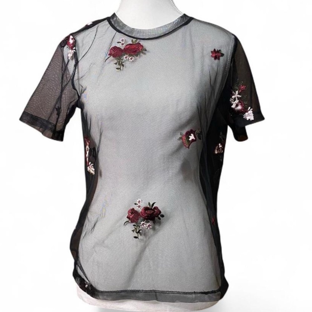 BONGO Black Sheer Top with Floral Embroidery